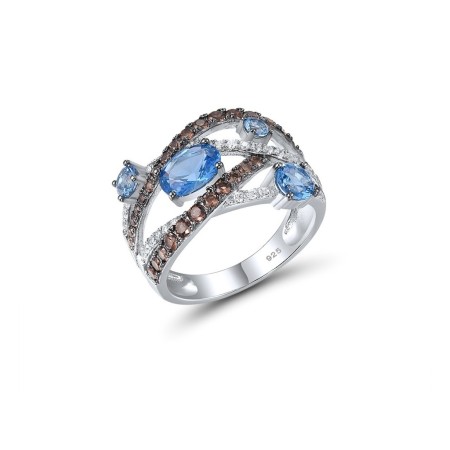 Sterling Silver w/ Black White Plating Ring Blue Spinel,Nano Brown Spinel,White Cubic Zirconia (R316991CZBLSK925) - US 9