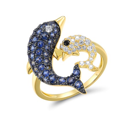 Sterling Silver w/ Yellow Black Plating Ring Black spinel,Blue Nano Cubic Zirconia,White Cubic Zirconia (R316997BNSZSC925) - US 6