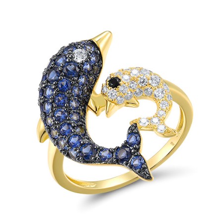 Sterling Silver w/ Yellow Black Plating Ring Black spinel,Blue Nano Cubic Zirconia,White Cubic Zirconia (R316997BNSZSC925) - US 6