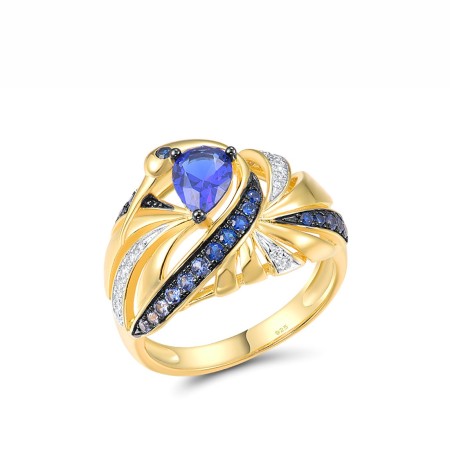 Sterling Silver w/ Yellow Black White Plating Ring Blue Nano Cubic Zirconia,Blue Spinel,White Cubic Zirconia (R317046BNBZSZ925) - US 6