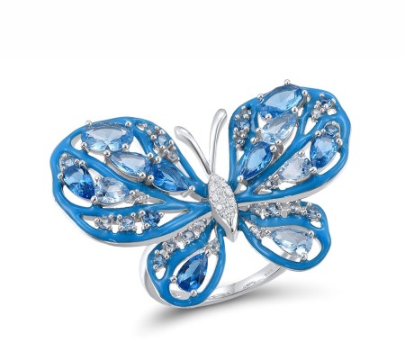 Sterling Silver Ring Blue Spinel,Enamel,Sky Blue Cubic Zirconia,White Cubic Zirconia (R317050ENA1SL925) - US 6