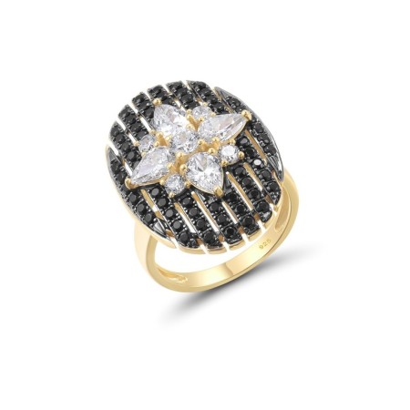 Sterling Silver w/ Yellow Black Plating Ring Black spinel,White Cubic Zirconia (R317052BSNZSC925) - US 6