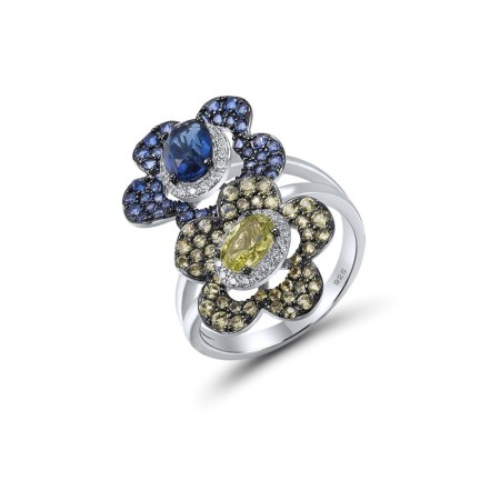 Sterling Silver w/ Black White Plating Ring Blue Glass,Blue Nano Cubic Zirconia,Green Nano Cubic Zirconia (Per,White Cubic Zirconia (R317056MULSK925) - US 6