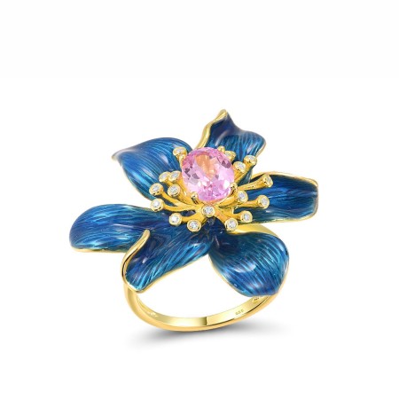 Sterling Silver w/ Ionic Yellow Plating Ring Created Pink Sapphire,Enamel,White Cubic Zirconia (R317058ENASP925) - US 7