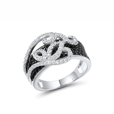 Sterling Silver w/ Black White Plating Ring Black spinel,White Cubic Zirconia (R317164BSNZSK925) - US 6