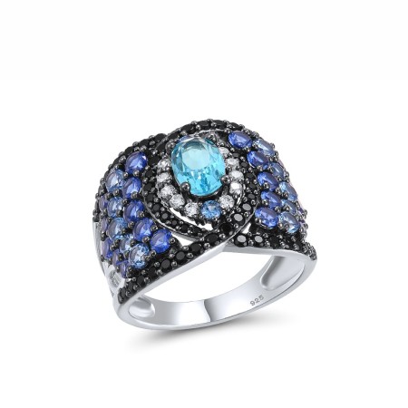 Sterling Silver w/ Black White Plating Ring Black spinel,Blue Glass,Blue Nano Cubic Zirconia,Blue Spinel,White Cubic Zirconia (R317200MULSK925) - US 6