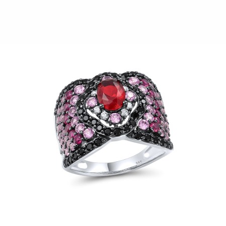 Sterling Silver w/ Black White Plating Ring Black spinel,Created Pink Sapphire,Created Ruby,Red Glass,White Cubic Zirconia (R317201MULSK925) - US 6