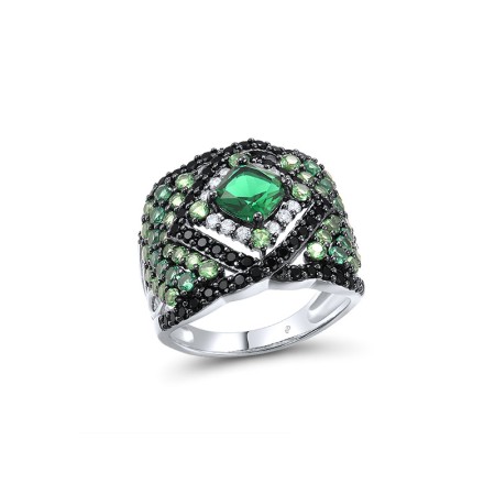 Sterling Silver w/ Black White Plating Ring Black spinel,Green Glass,Green Spinel,White Cubic Zirconia (R317202MULSK925) - US 6