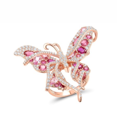 Sterling Silver w/ Rose Plating Ring Created Pink Sapphire,Created Ruby,Red Nano Crystal,White Cubic Zirconia (R317209MULSR925) - US 8