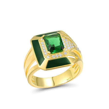 Sterling Silver w/ Yellow Plating Ring Enamel,Green Glass,White Cubic Zirconia (R317231ENASY925) - US 6