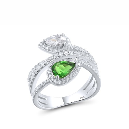 Sterling Silver Ring Green Glass,White Cubic Zirconia (R317236GRGZSL925) - US 6
