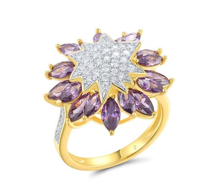 Sterling Silver w/ Ionic Yellow Plating Ring Amethyst Cubic Zirconia,White Cubic Zirconia (R317269AWZSP925) - US 6