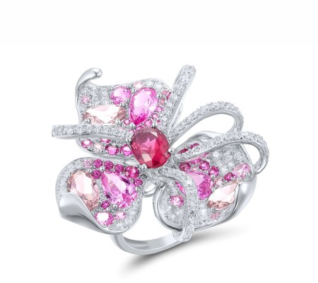 Sterling Silver Ring Created Pink Sapphire,Created Ruby,Morgan Nano spinel Stone,Red Nano Crystal,White Cubic Zirconia (R317279MULSL925) - US 9