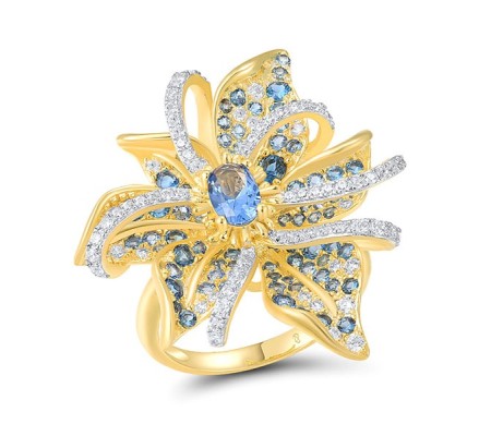 Sterling Silver w/ Ionic Yellow Plating Ring Blue Spinel,White Cubic Zirconia (R317280BLZSP925) - US 6