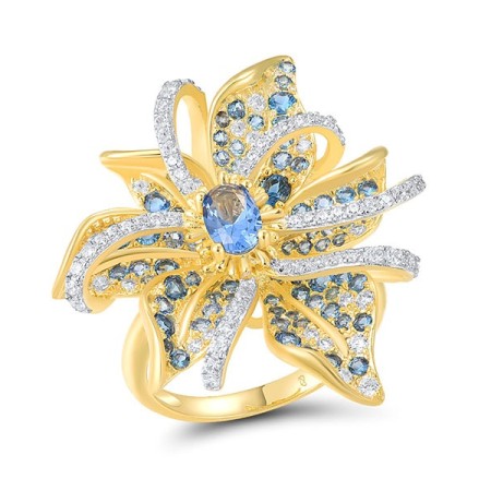 Sterling Silver w/ Ionic Yellow Plating Ring Blue Spinel,White Cubic Zirconia (R317280BLZSP925) - US 6