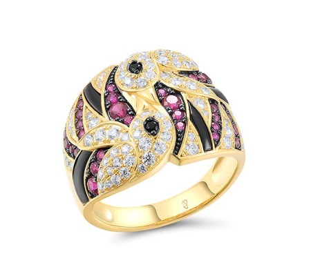 Sterling Silver w/ Yellow Black Plating Ring Black spinel,Created Ruby,White Cubic Zirconia (R317324BCRZSC925) - US 6