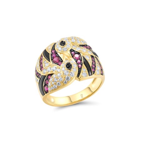 Sterling Silver w/ Yellow Black Plating Ring Black spinel,Created Ruby,White Cubic Zirconia (R317324BCRZSC925) - US 6