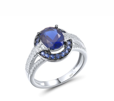 Sterling Silver w/ Black White Plating Ring Blue Nano Cubic Zirconia,White Cubic Zirconia (R317326BZZSK925) - US 6