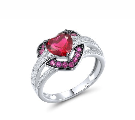 Sterling Silver w/ Black White Plating Ring Created Ruby,Red Nano Crystal,White Cubic Zirconia (R317327CRNZSK925) - US 6