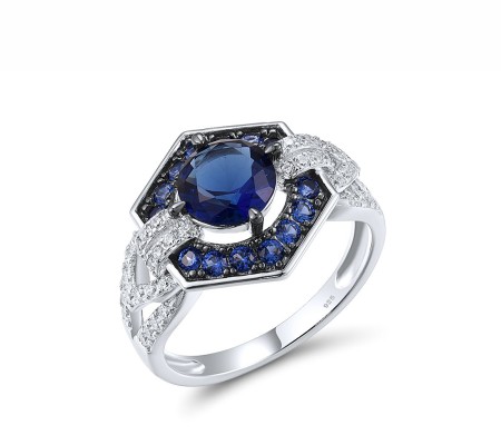 Sterling Silver w/ Black White Plating Ring Blue Glass,Blue Nano Cubic Zirconia,White Cubic Zirconia (R317328BLNZSK925) - US 6