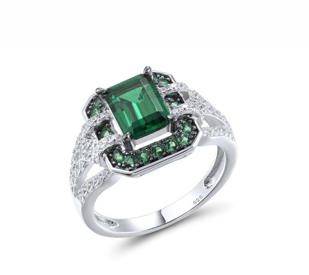 Sterling Silver w/ Black White Plating Ring Green Spinel,White Cubic Zirconia (R317329GSZSK925) - US 6