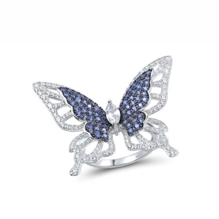 Sterling Silver w/ Black White Plating Ring Blue Nano Cubic Zirconia,White Cubic Zirconia (R317353BZZSK925) - US 6