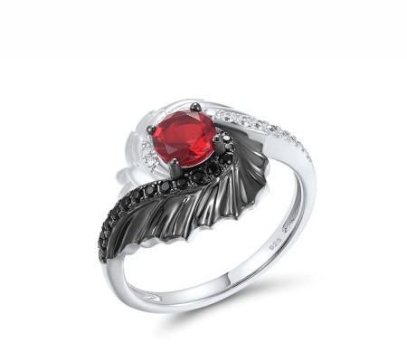 Sterling Silver w/ Black White Plating Ring Black spinel,Red Glass,White Cubic Zirconia (R317379RGBZSK925) - US 6