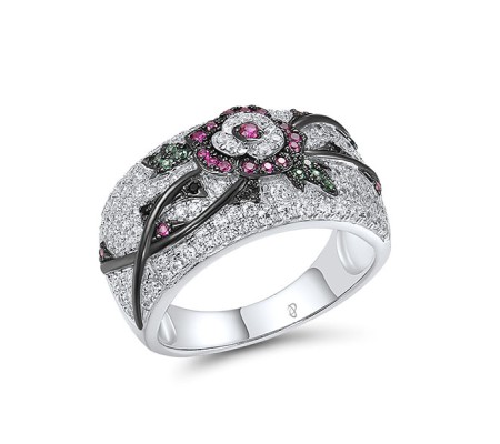 Sterling Silver w/ Black White Plating Ring Black spinel,Created Ruby,Green Spinel,White Cubic Zirconia (R317420MULSK925) - US 6