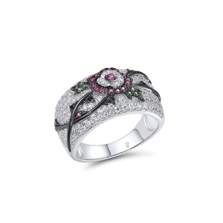 Sterling Silver w/ Black White Plating Ring Black spinel,Created Ruby,Green Spinel,White Cubic Zirconia (R317420MULSK925) - US 6