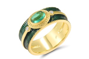 Sterling Silver w/ Ionic Yellow Plating Ring Enamel,Green Spinel,White Cubic Zirconia (R317424ENASP925)