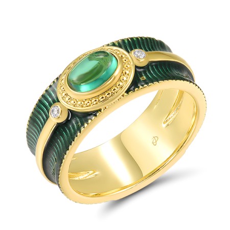 Sterling Silver w/ Ionic Yellow Plating Ring Enamel,Green Spinel,White Cubic Zirconia (R317424ENASP925)