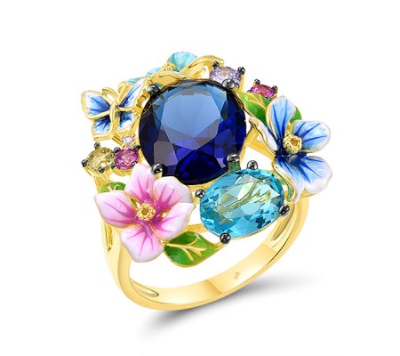 Sterling Silver w/ Yellow Black Plating Ring Blue Glass,Created Pink Sapphire,Enamel,Green Nano Cubic Zirconia (Per,Light Blue Cubic Zirconia (R317435ENASC925) - US 7