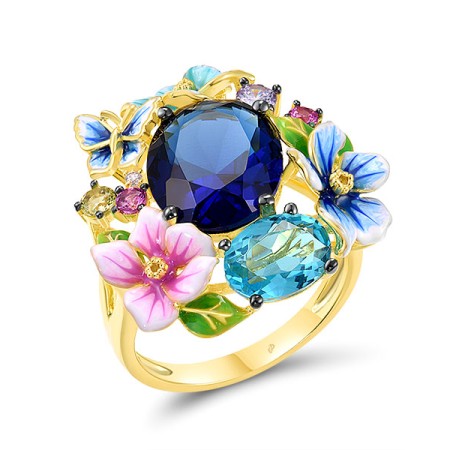Sterling Silver w/ Yellow Black Plating Ring Blue Glass,Created Pink Sapphire,Enamel,Green Nano Cubic Zirconia (Per,Light Blue Cubic Zirconia (R317435ENASC925) - US 7