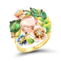 Sterling Silver w/ Yellow Black Plating Ring Champagne Glass,Enamel,Green Glass,Green Spinel,White Cubic Zirconia,Yellow Nano Crystal (R317436ENASC925) - US 6