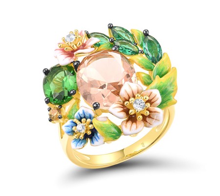 Sterling Silver w/ Yellow Black Plating Ring Champagne Glass,Enamel,Green Glass,Green Spinel,White Cubic Zirconia,Yellow Nano Crystal (R317436ENASC925) - US 6