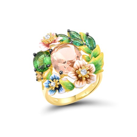 Sterling Silver w/ Yellow Black Plating Ring Champagne Glass,Enamel,Green Glass,Green Spinel,White Cubic Zirconia,Yellow Nano Crystal (R317436ENASC925) - US 6