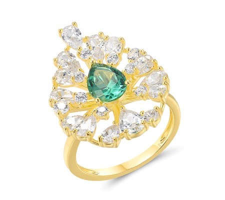 Sterling Silver w/ Yellow Plating Ring Green Spinel,White Cubic Zirconia (R317444GSZSY925) - US 6