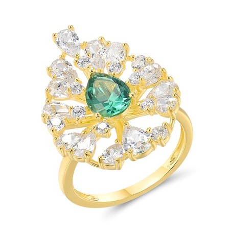 Sterling Silver w/ Yellow Plating Ring Green Spinel,White Cubic Zirconia (R317444GSZSY925) - US 6