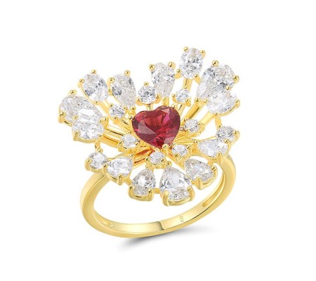 Sterling Silver w/ Yellow Plating Ring Red Nano Crystal,White Cubic Zirconia (R317445RNZSY925) - US 6