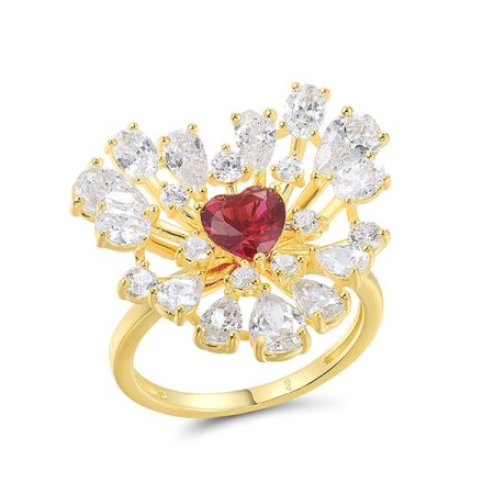 Sterling Silver w/ Yellow Plating Ring Red Nano Crystal,White Cubic Zirconia (R317445RNZSY925) - US 6