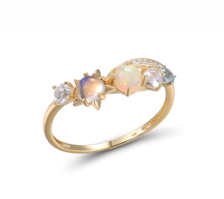 14KY Ring Blue Moonstone,Blue Topaz (Swiss Blue),Diamond,Opal,White Topaz (R317474BMOT14KY) - US 7