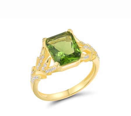 Sterling Silver w/ Yellow Plating Ring Green Glass,White Cubic Zirconia (R317541GRGZSY925) - US 6