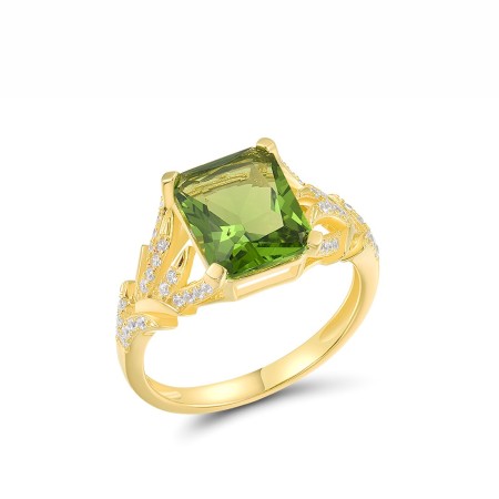 Sterling Silver w/ Yellow Plating Ring Green Glass,White Cubic Zirconia (R317541GRGZSY925) - US 6