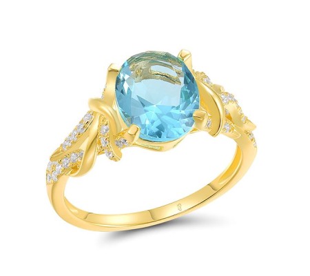 Sterling Silver w/ Yellow Plating Ring Blue Glass,White Cubic Zirconia (R317542BLGZSY925) - US 6