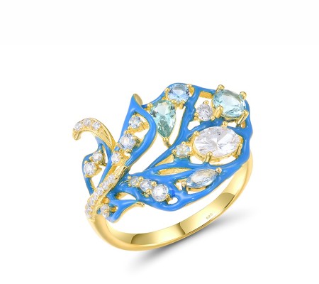 Sterling Silver w/ Yellow Plating Ring Blue Spinel,Enamel,Green Spinel,White Cubic Zirconia (R317543ENASY925) - US 6