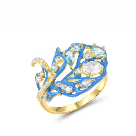 Sterling Silver w/ Yellow Plating Ring Blue Spinel,Enamel,Green Spinel,White Cubic Zirconia (R317543ENASY925) - US 6