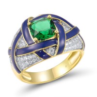 Sterling Silver w/ Ionic Yellow Plating Ring Enamel,Green Glass,White Cubic Zirconia (R317606ENASP925) - US 6