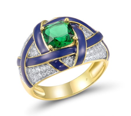 Sterling Silver w/ Ionic Yellow Plating Ring Enamel,Green Glass,White Cubic Zirconia (R317606ENASP925) - US 6