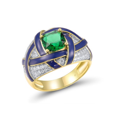 Sterling Silver w/ Ionic Yellow Plating Ring Enamel,Green Glass,White Cubic Zirconia (R317606ENASP925) - US 6