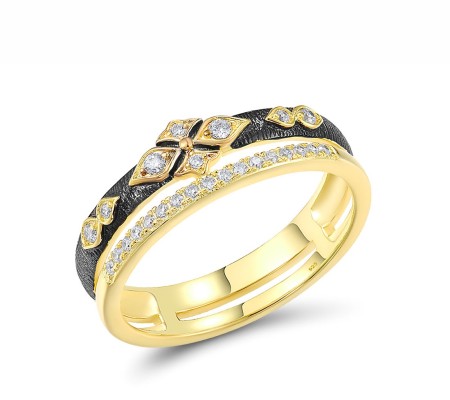 Sterling Silver w/ Yellow Black Plating Ring White Cubic Zirconia (R317719WCZSC925) - US 6